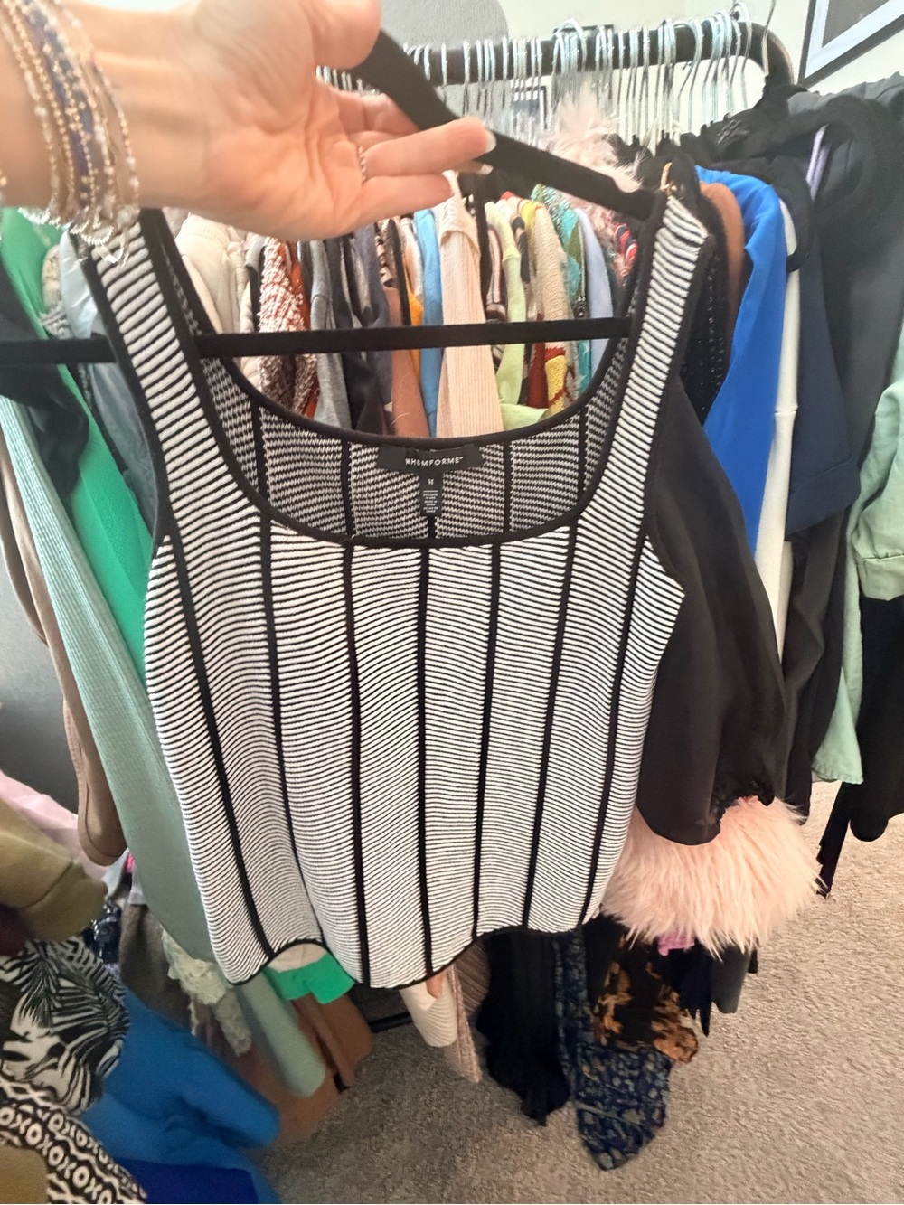 White House Black Market Black and White Vertical Stripe Knit Tank